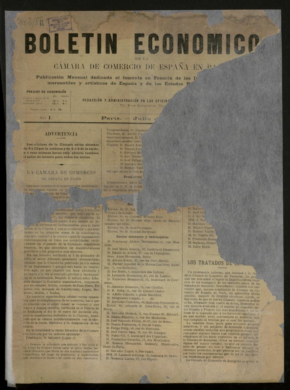 Boletn Econmico de la Cmara de Comercio de Espaa en Pars de julio de 1887, n 1