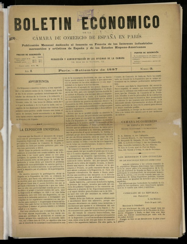 Boletn Econmico de la Cmara de Comercio de Espaa en Pars de septiembre de 1887, n 3