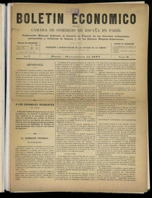Boletn Econmico de la Cmara de Comercio de Espaa en Pars de noviembre de 1887, n 5