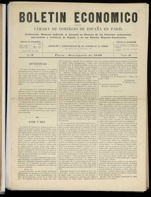 Boletn Econmico de la Cmara de Comercio de Espaa en Pars de septiembre de 1888, n 6