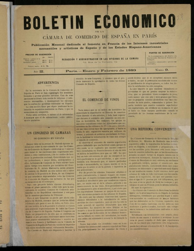 Boletn Econmico de la Cmara de Comercio de Espaa en Pars de enero y febrero de 1889, n 9