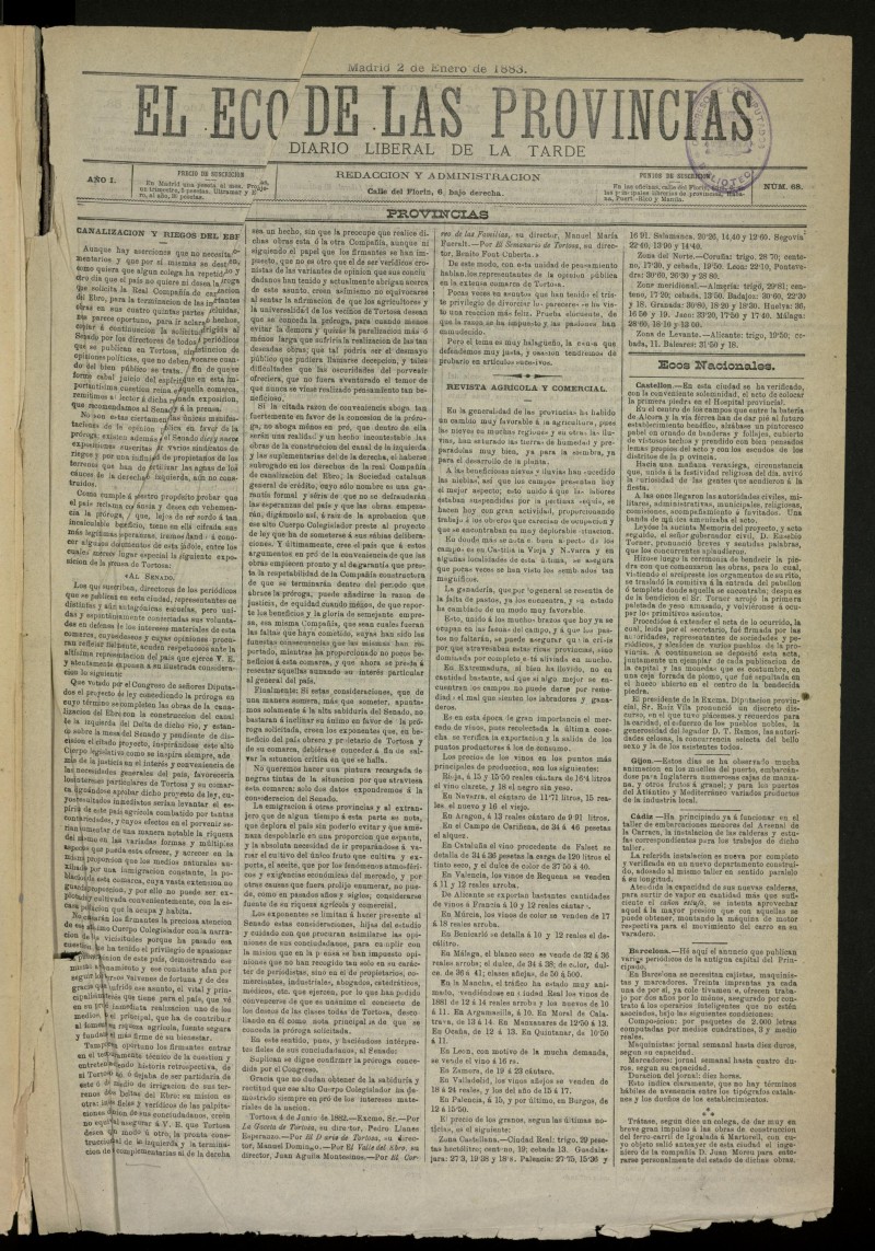 El Eco de las Provincias de 2 de enero de 1883, n 68 [sic]