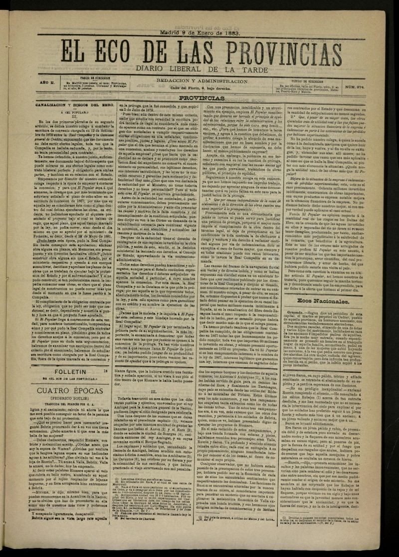 El Eco de las Provincias de 9 de enero de 1883, n 274