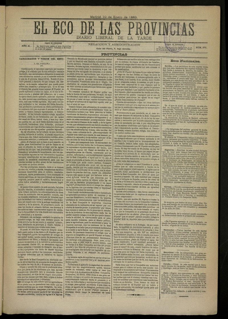 El Eco de las Provincias de 10 de enero de 1883, n 275