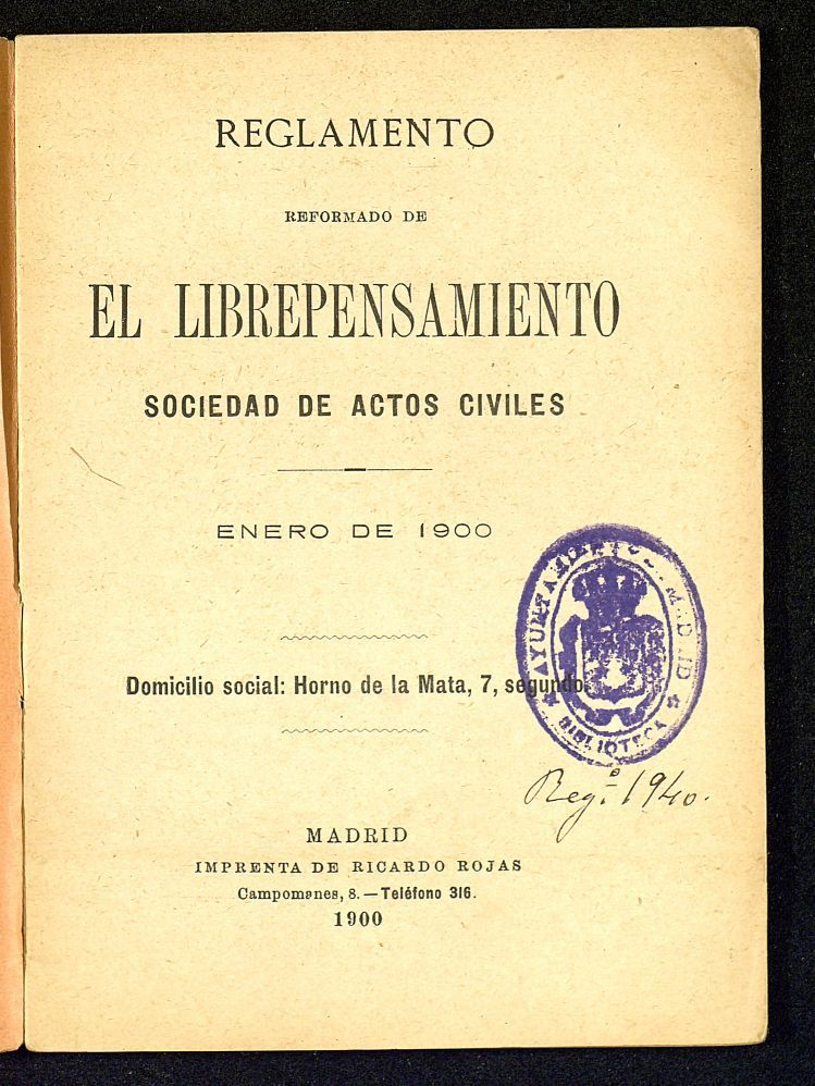 Reglamento reformado de "El Librepensamiento" sociedad de actos civiles : enero de 1900