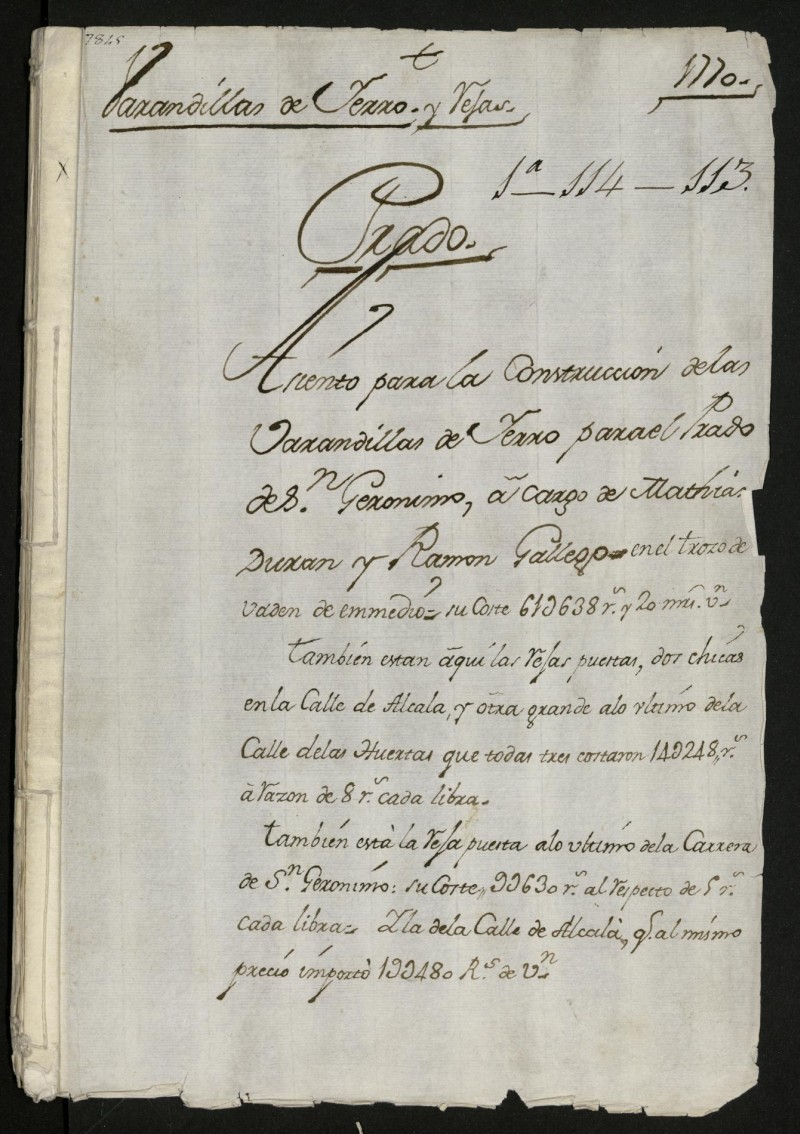 Expediente de construccin de las Barandillas de Ferro para el Prado de San Geronimo.