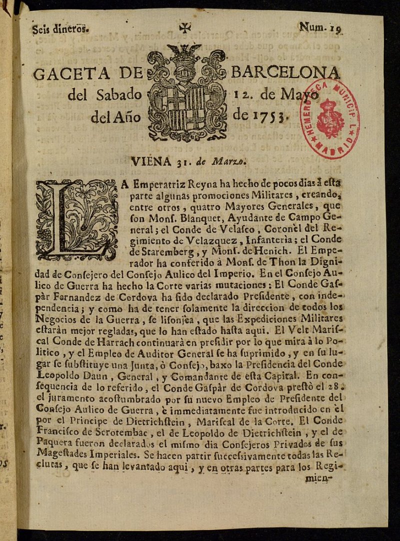 Gazeta de Barcelona de 12 de mayo de 1753, n 19