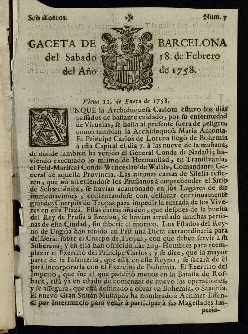 Gazeta de Barcelona de 18 de febrero de 1758, n 7