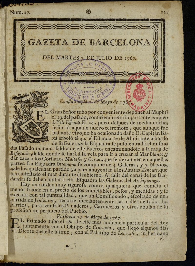 Gazeta de Barcelona de 7 de julio de 1767, n 27