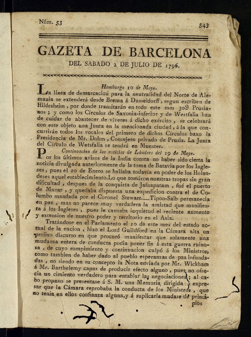 Gazeta de Barcelona de 2 de julio de 1796, n 53