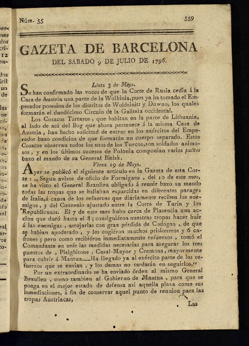 Gazeta de Barcelona de 9 de julio de 1796, n 55