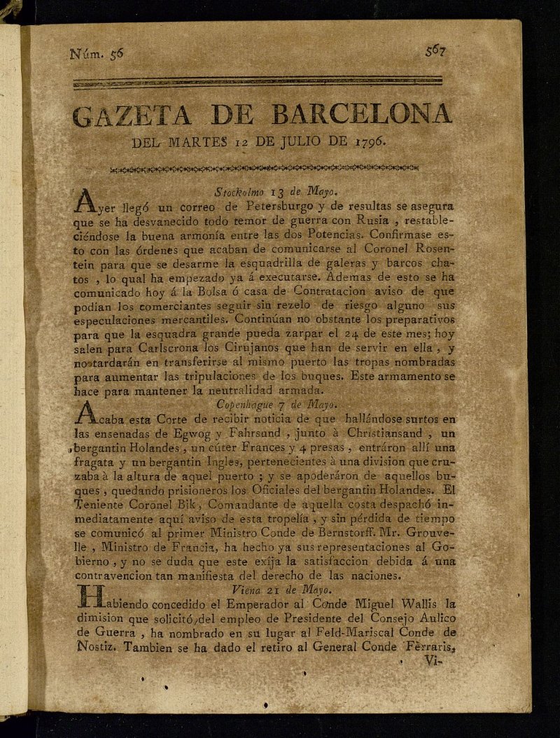 Gazeta de Barcelona de 12 de julio de 1796, n 56