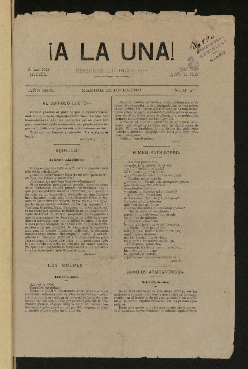 A la una! : periodiquito incoloro de 22 de enero de 1869, n 2