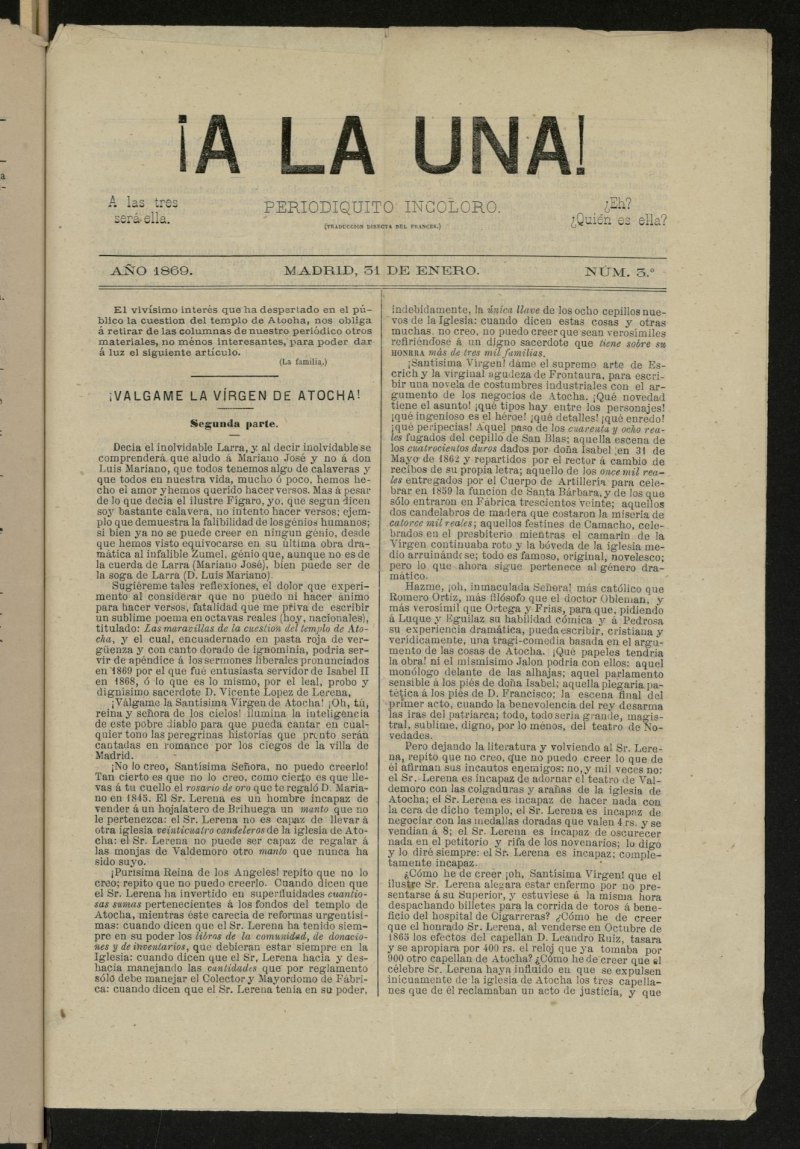 A la una! : periodiquito incoloro de 31 de enero de 1869, n 3