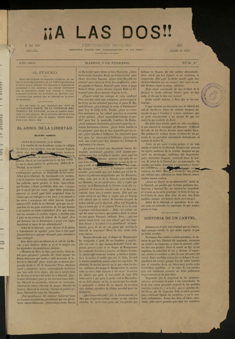 A las dos! : periodiquito incoloro de 6 de febrero de 1869, n 4
