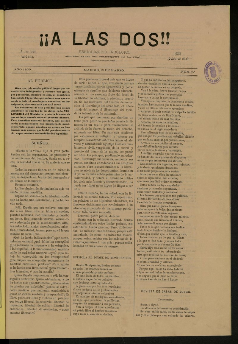 A las dos! : periodiquito incoloro de 15 de marzo de 1869, n 7