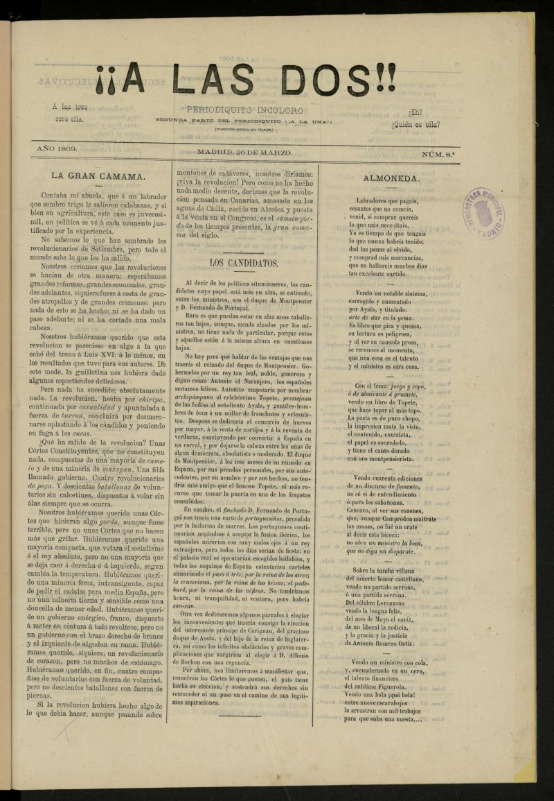 A las dos! : periodiquito incoloro de 26 de marzo de 1869, n 8