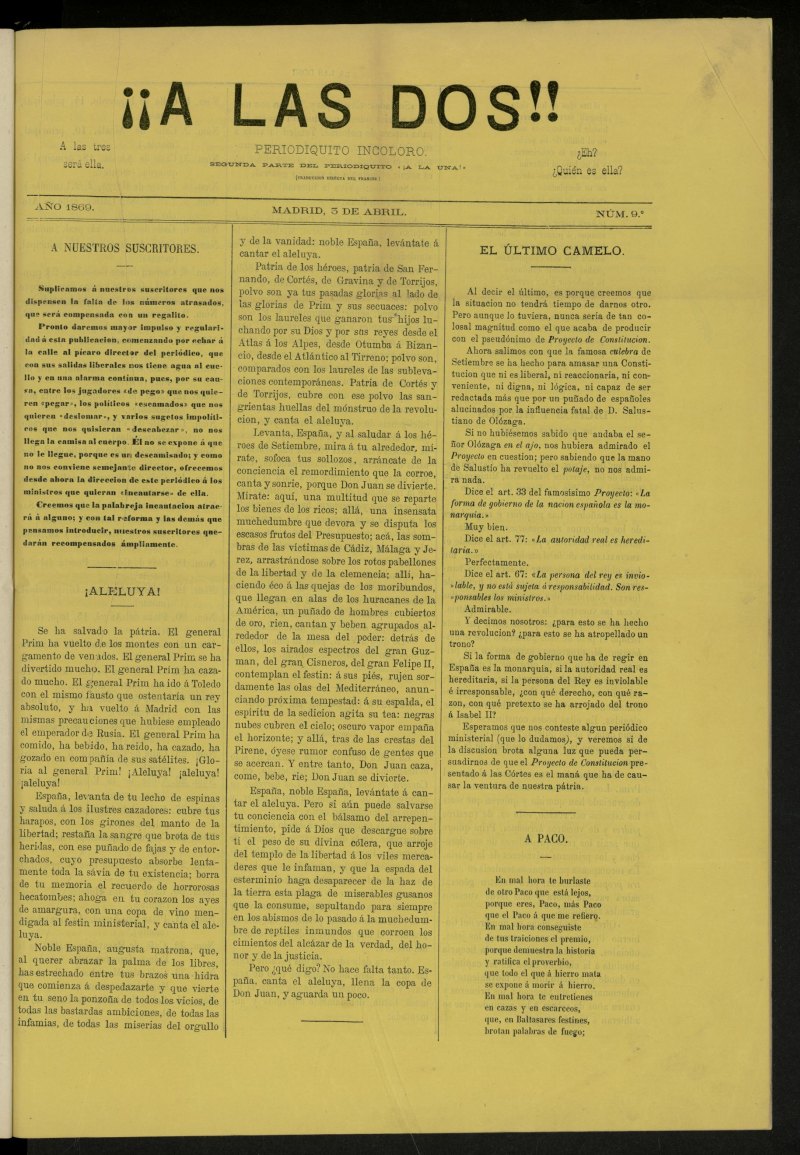 A las dos! : periodiquito incoloro de 3 de abril de 1869, n 9