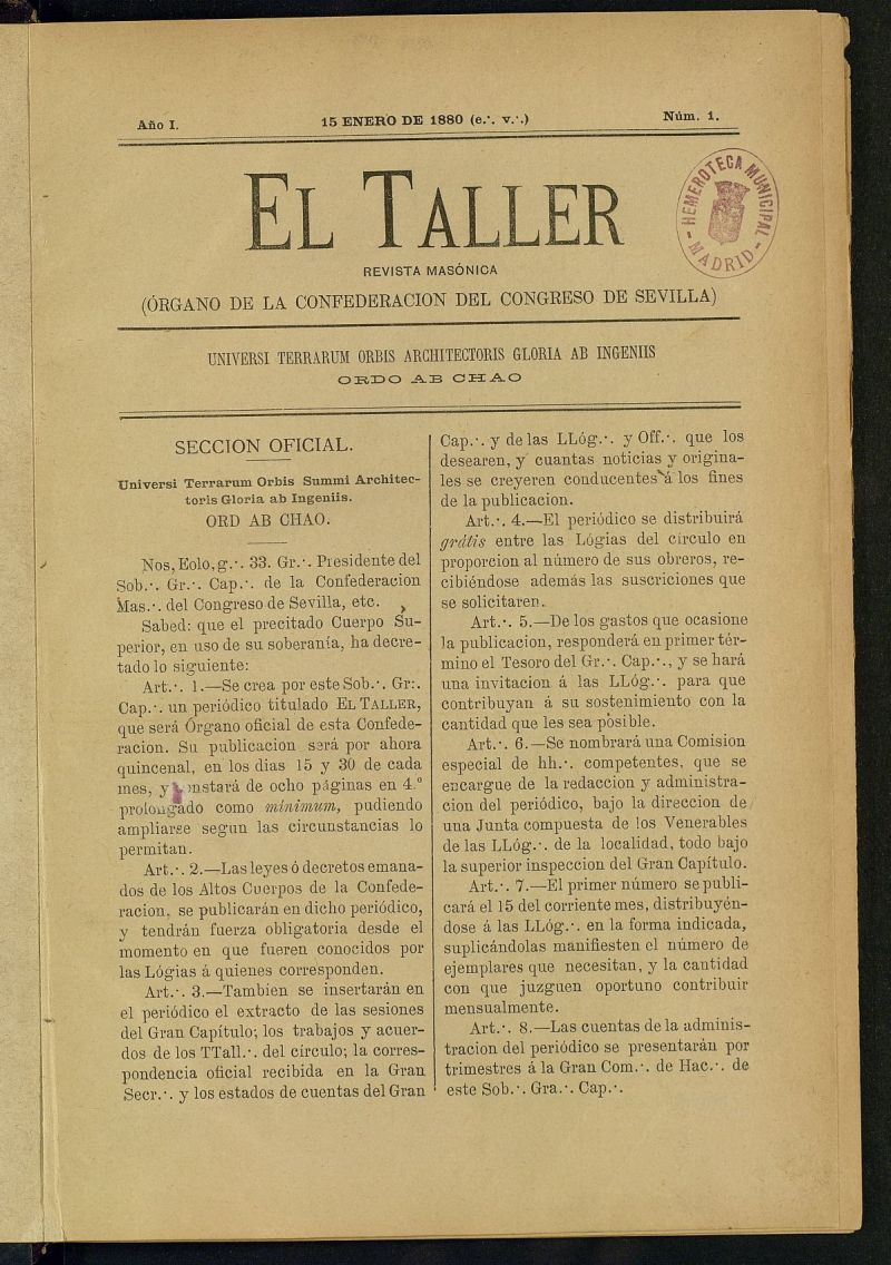 El Taller: revista masnica: rgano de la Confederacin del Congreso de Sevilla
