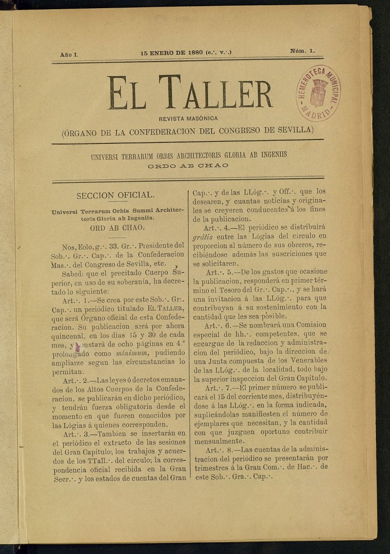 EL Taller, de 15 de enero de 1880, n 1
