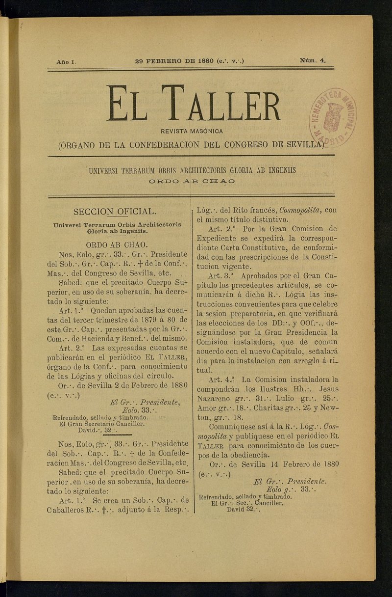 EL Taller, de 29 de febrero de 1880, n 4