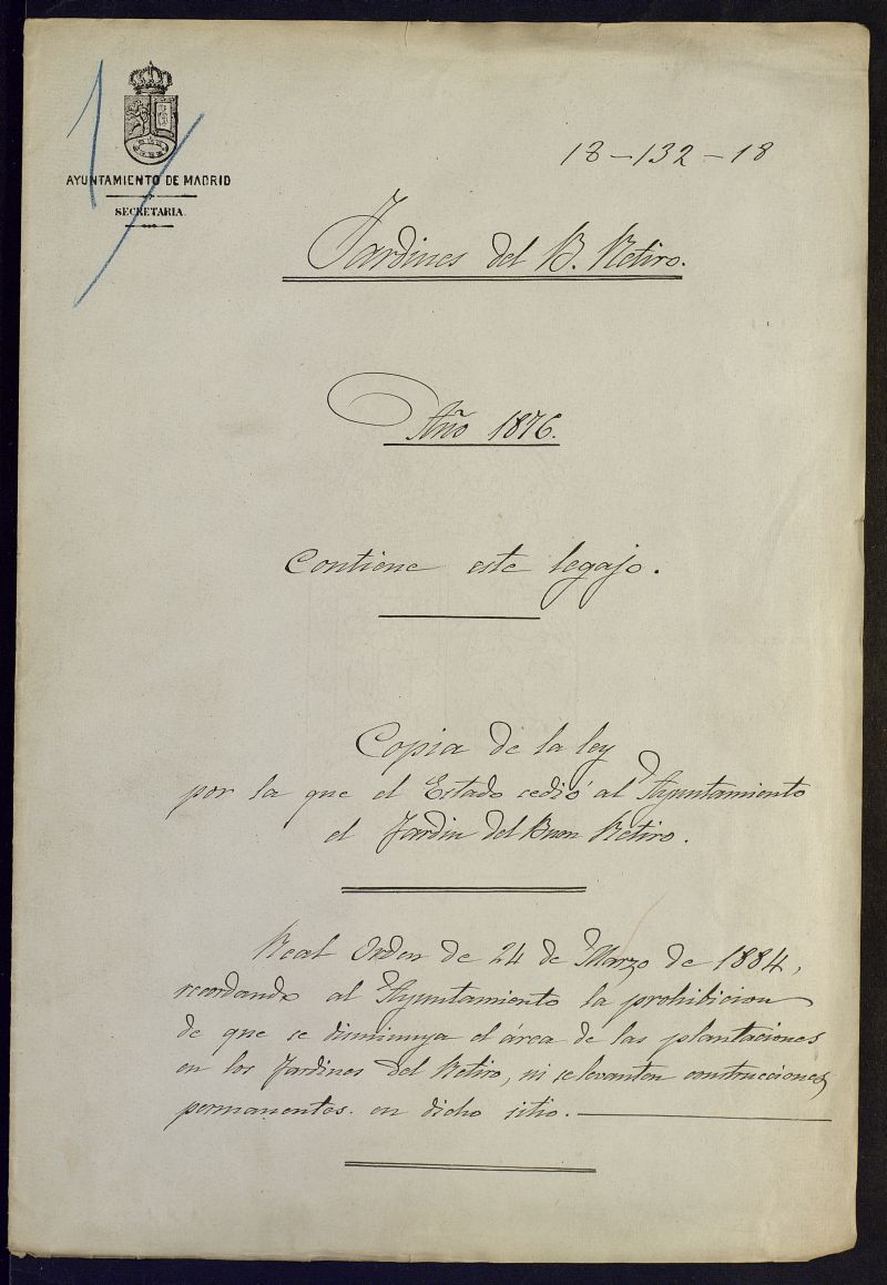 Copia de la Ley de cesin del Estado al Ayuntamiento de Madrid el jardn del Buen Retiro.