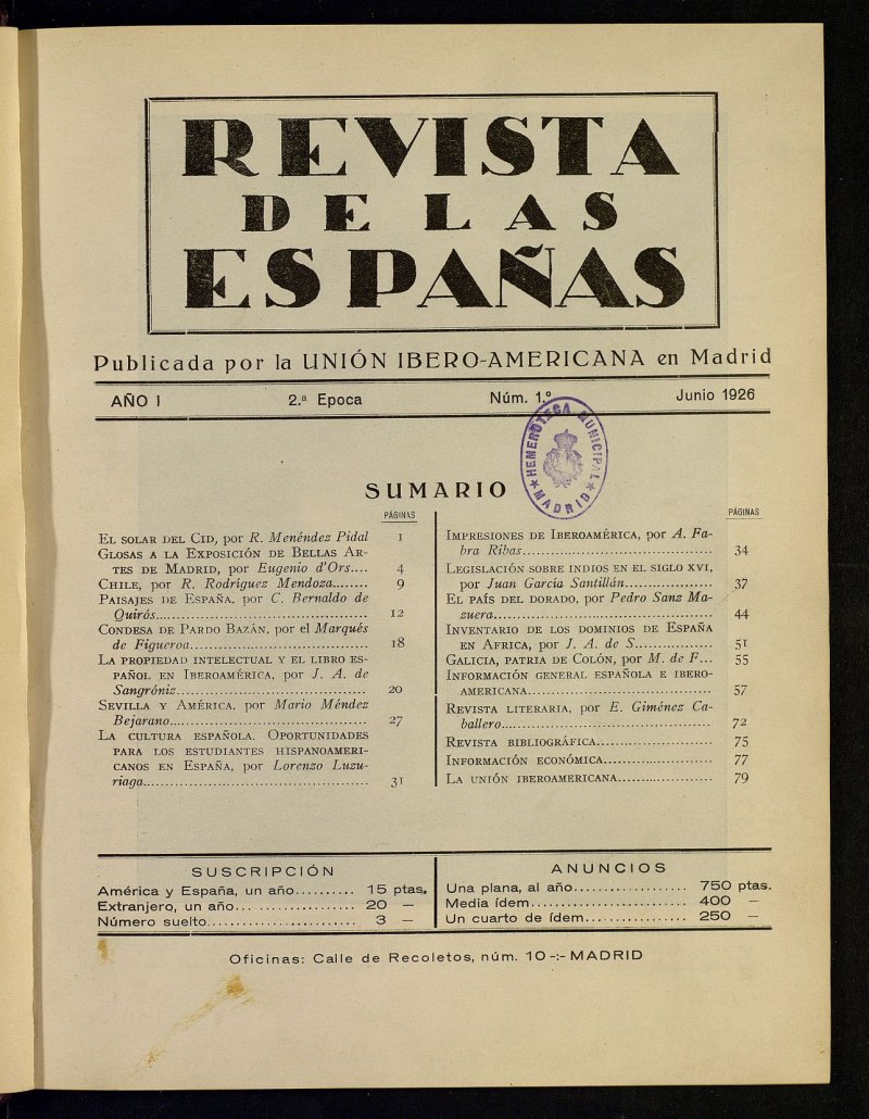 Revista de las Espaas, de junio de 1926, n 1