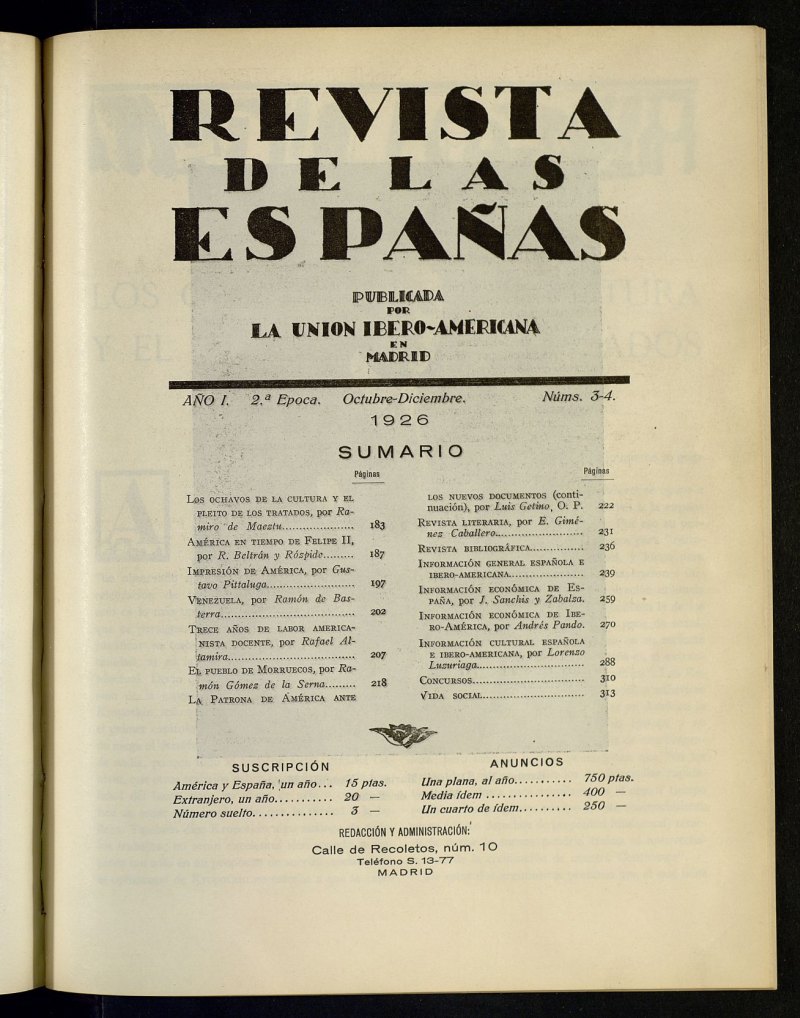 Revista de las Espaas, de octubre-diciciembre de 1926, n 3-4