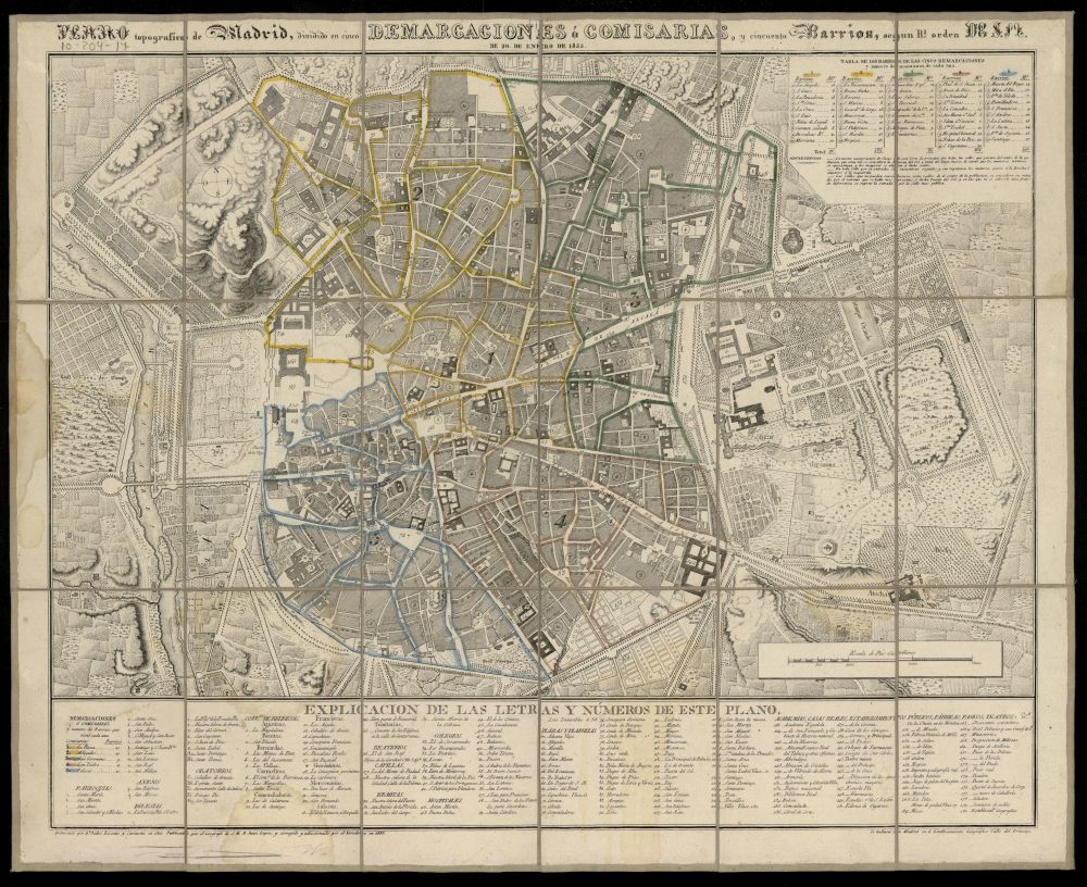 Plano topogrfico de Madrid dividido en cinco demarcaciones y cincuenta barrios.