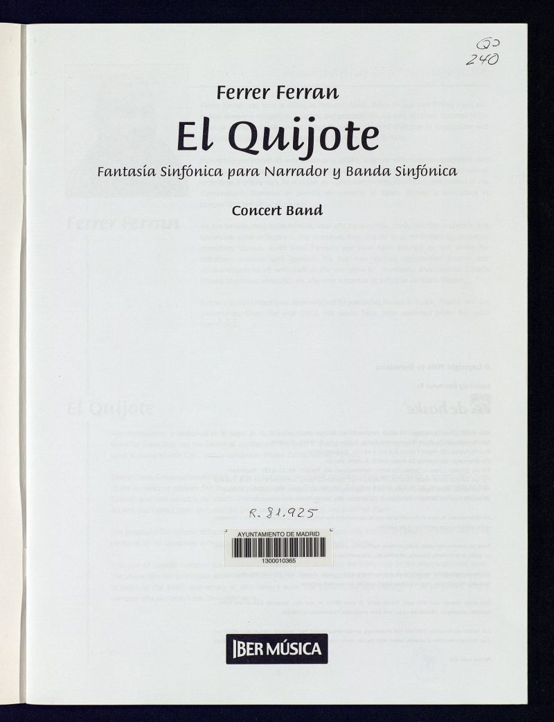 El Quijote : fantasa sinfnica para narrador y banda sinfnica : concert band