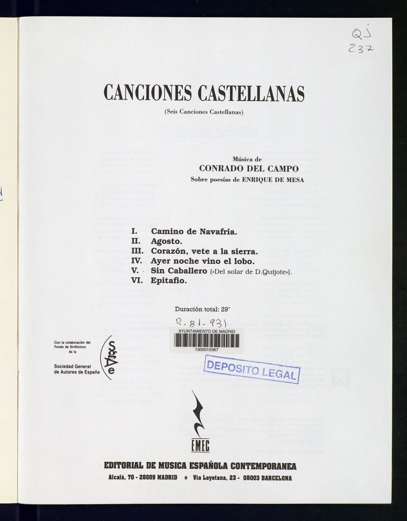 Canciones castellanas : (seis canciones castellanas)