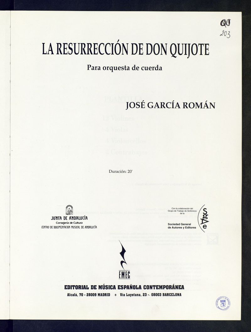 La resurreccin de Don Quijote : para orquesta de cuerda