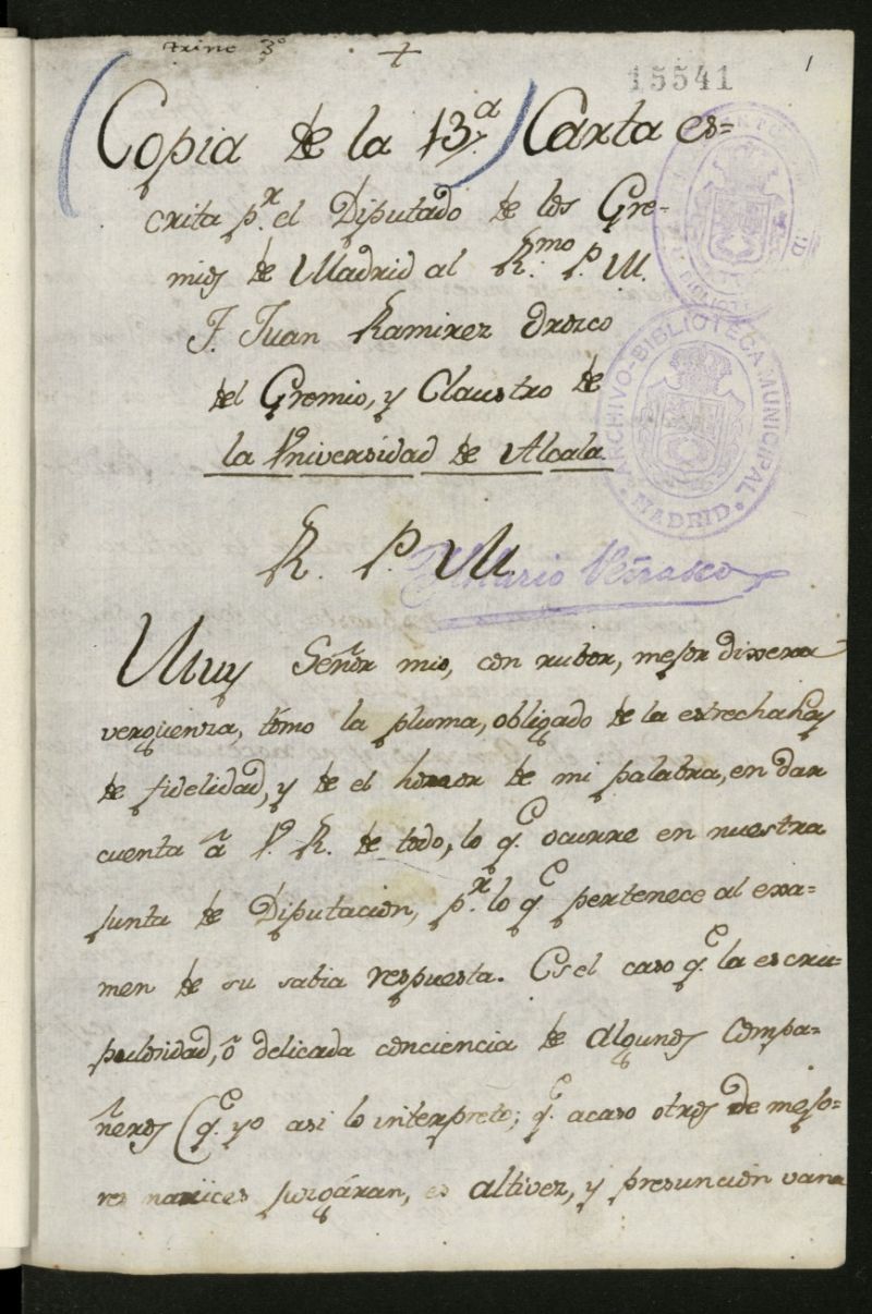 Cartas de un diputado de los gremios de Madrid al R.P.M. Fray Juan Ramrez de Orozco, del gremio y claustro de la Universidad de Alcal. Volumen III