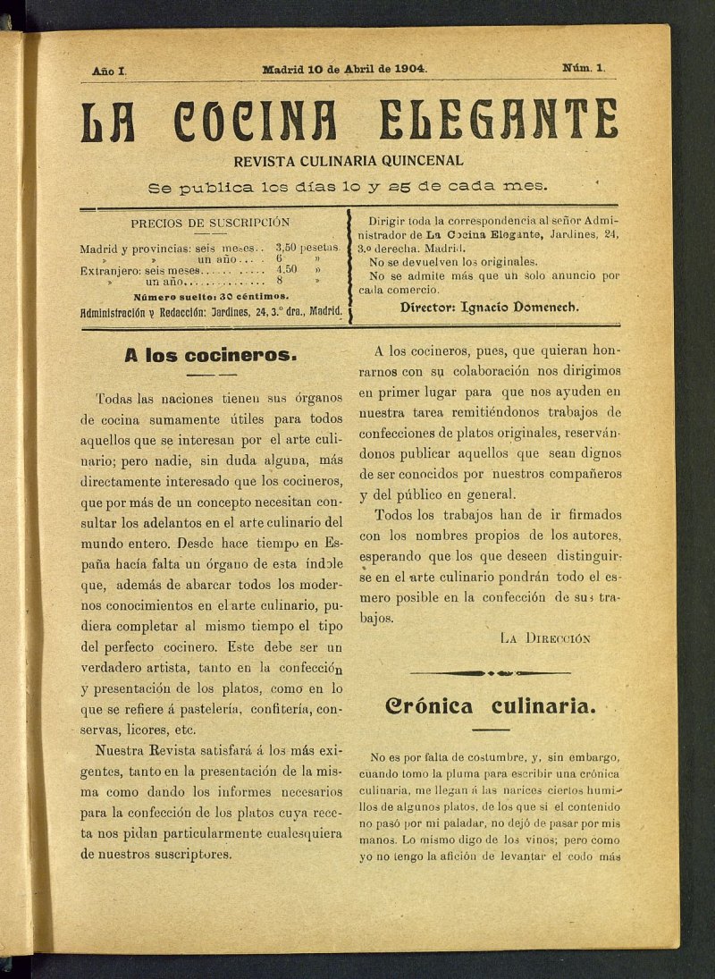 La Cocina Elegante: revista culinaria quincenal del 10 de abril de 1904, nº 1