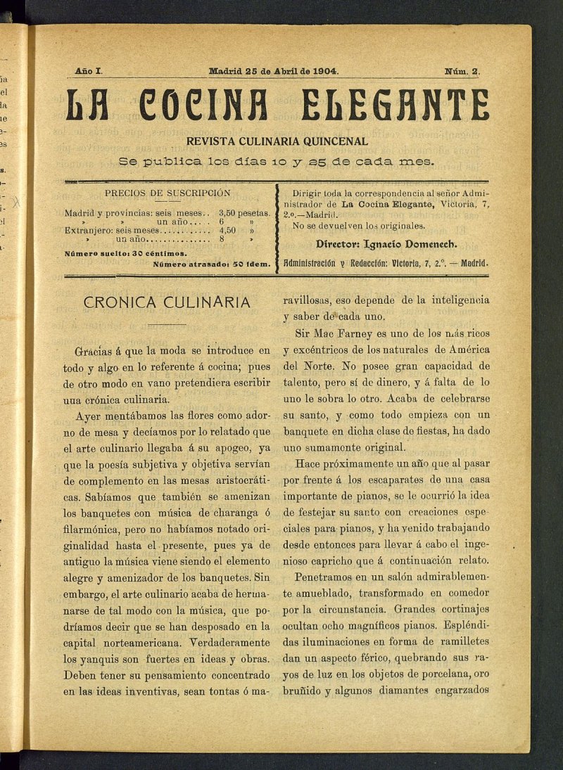 La Cocina Elegante: revista culinaria quincenal del 25 de abril de 1904, nº 2