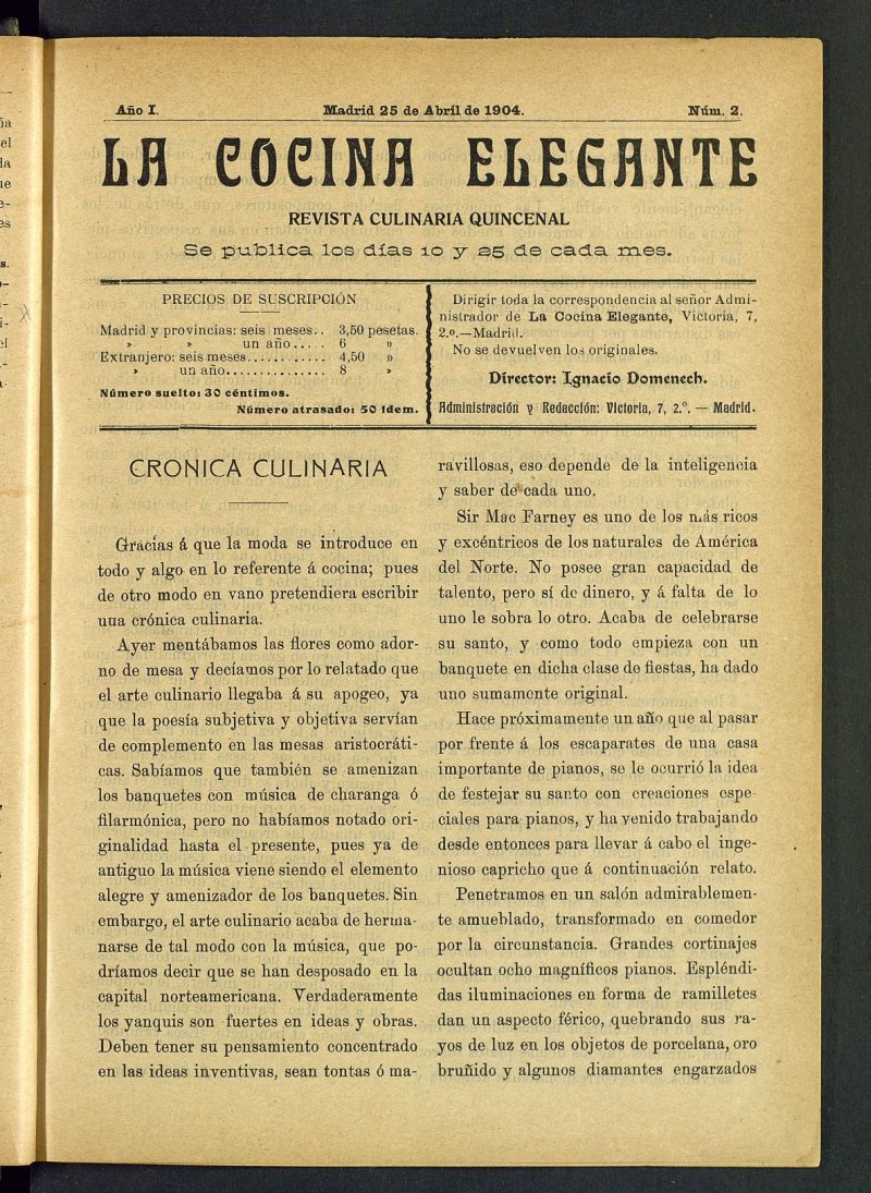 La Cocina Elegante: revista culinaria quincenal del 25 de abril de 1904, n 2