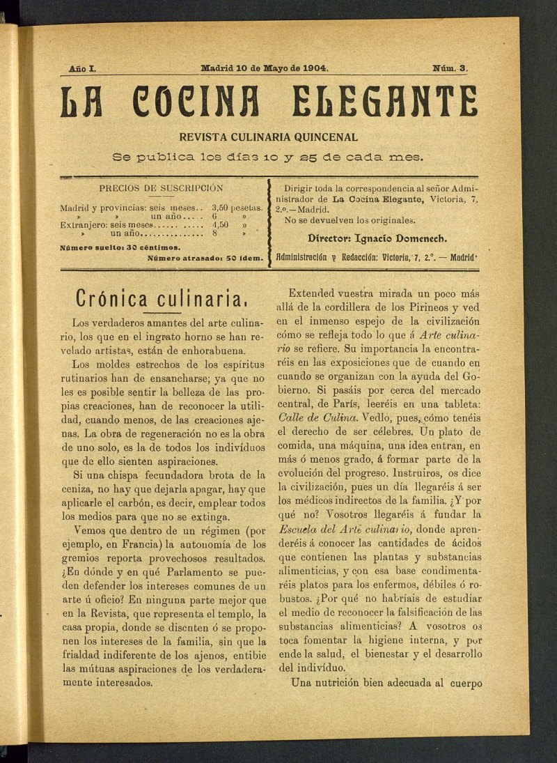 La Cocina Elegante: revista culinaria quincenal del 10 de mayo de 1904, nº 3
