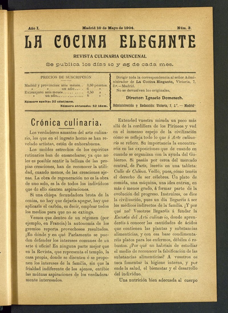 La Cocina Elegante: revista culinaria quincenal del 10 de mayo de 1904, n 3