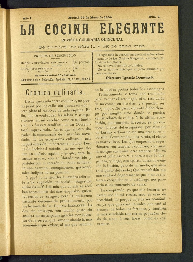 La Cocina Elegante: revista culinaria quincenal del 25 de mayo de 1904, nº 4