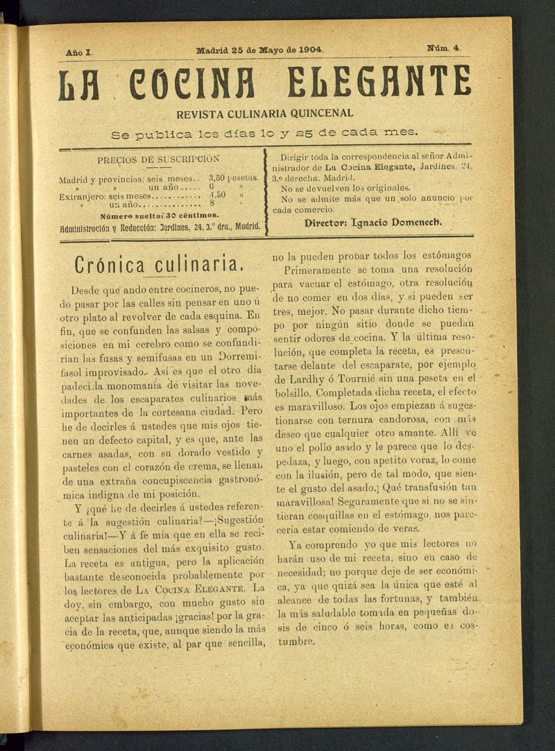 La Cocina Elegante: revista culinaria quincenal del 25 de mayo de 1904, n 4