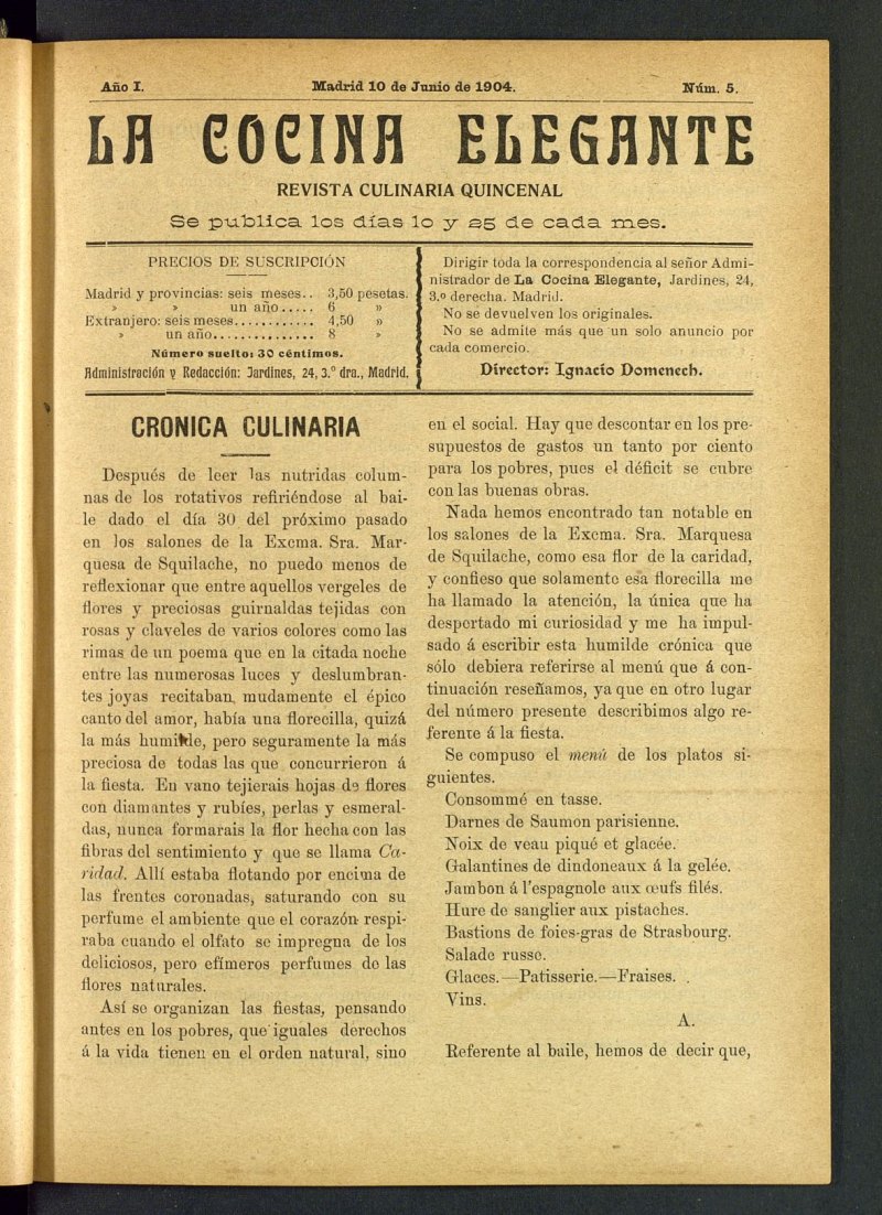 La Cocina Elegante: revista culinaria quincenal del 10 de junio de 1904, nº 5