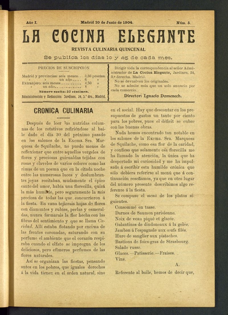 La Cocina Elegante: revista culinaria quincenal del 10 de junio de 1904, n 5