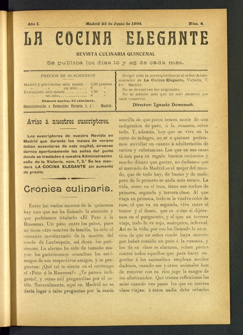 La Cocina Elegante: revista culinaria quincenal del 25 de junio de 1904, nº 6
