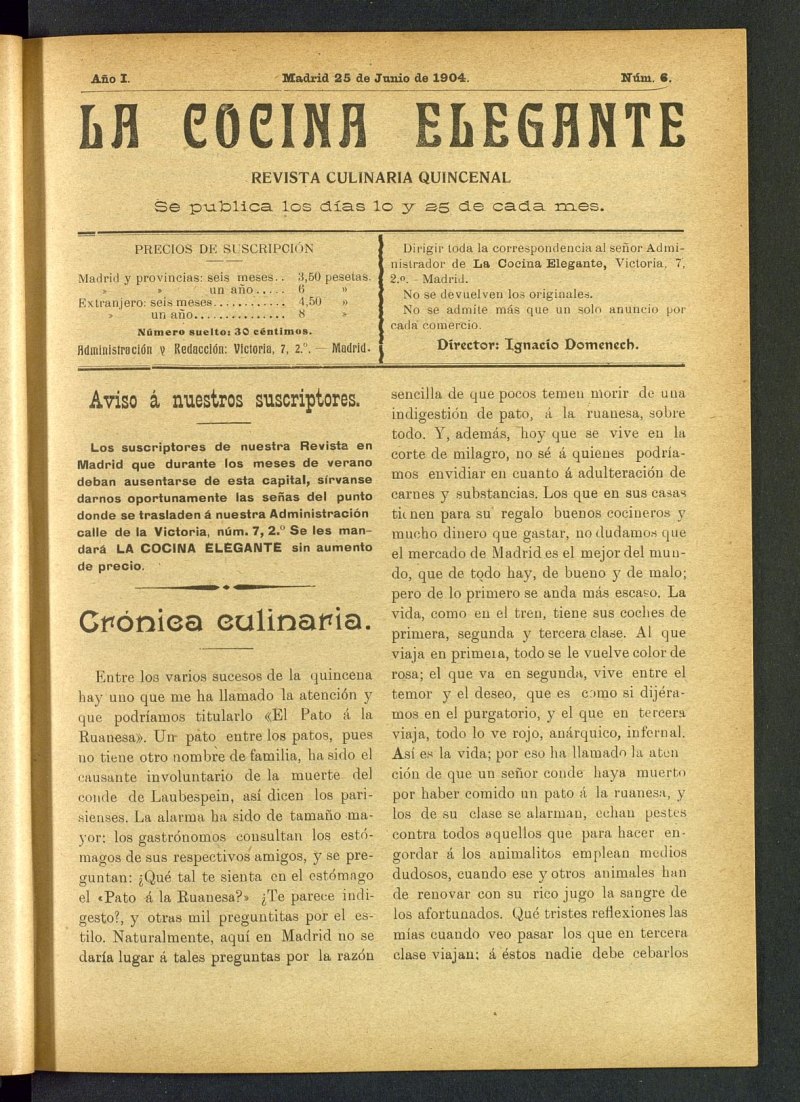 La Cocina Elegante: revista culinaria quincenal del 25 de junio de 1904, n 6