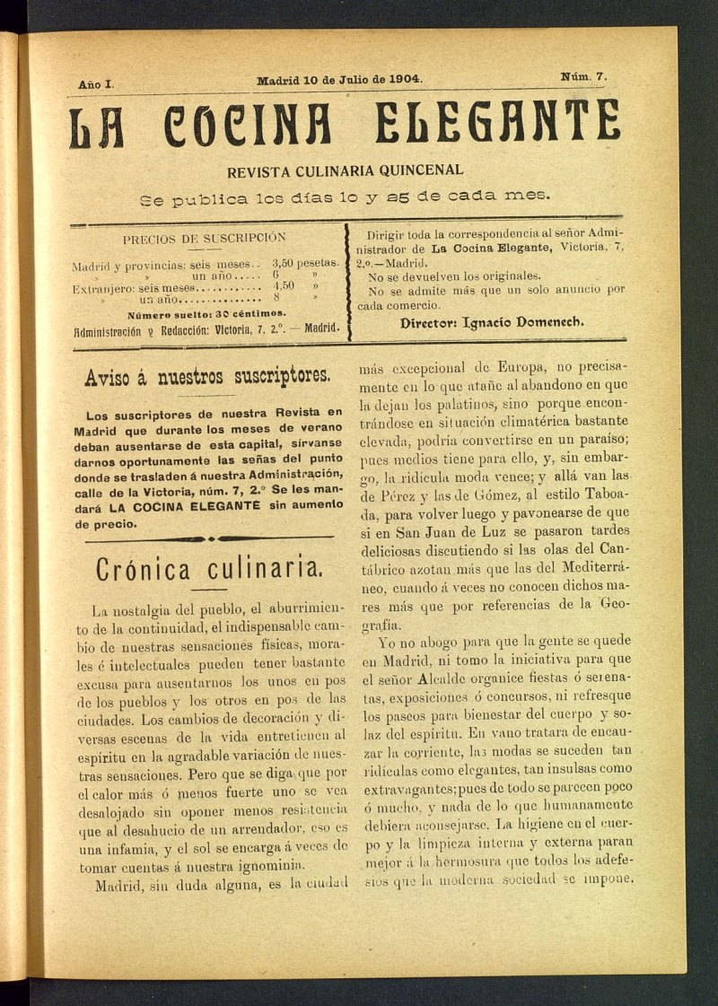 La Cocina Elegante: revista culinaria quincenal del 10 de julio de 1904, nº 7