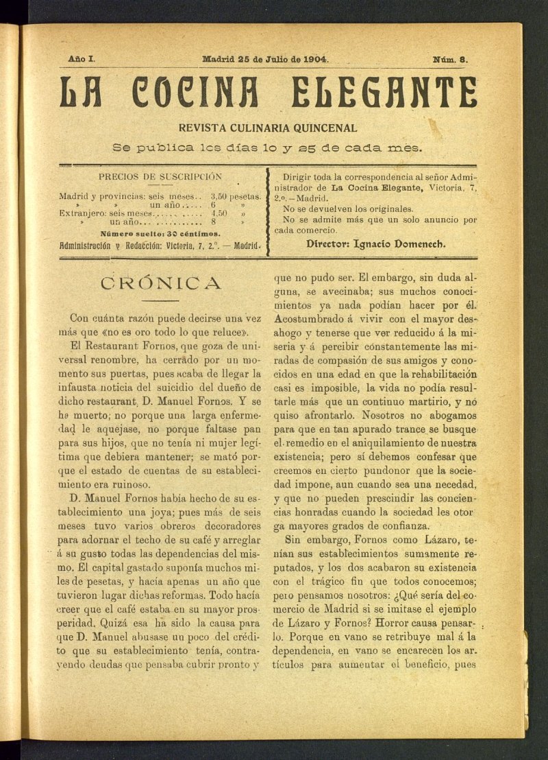 La Cocina Elegante: revista culinaria quincenal del 25 de julio de 1904, n 8