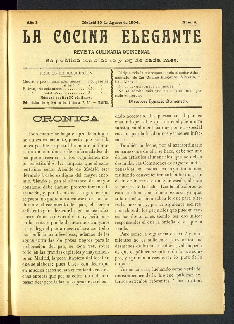 La Cocina Elegante: revista culinaria quincenal del 10 de agosto de 1904, nº 9