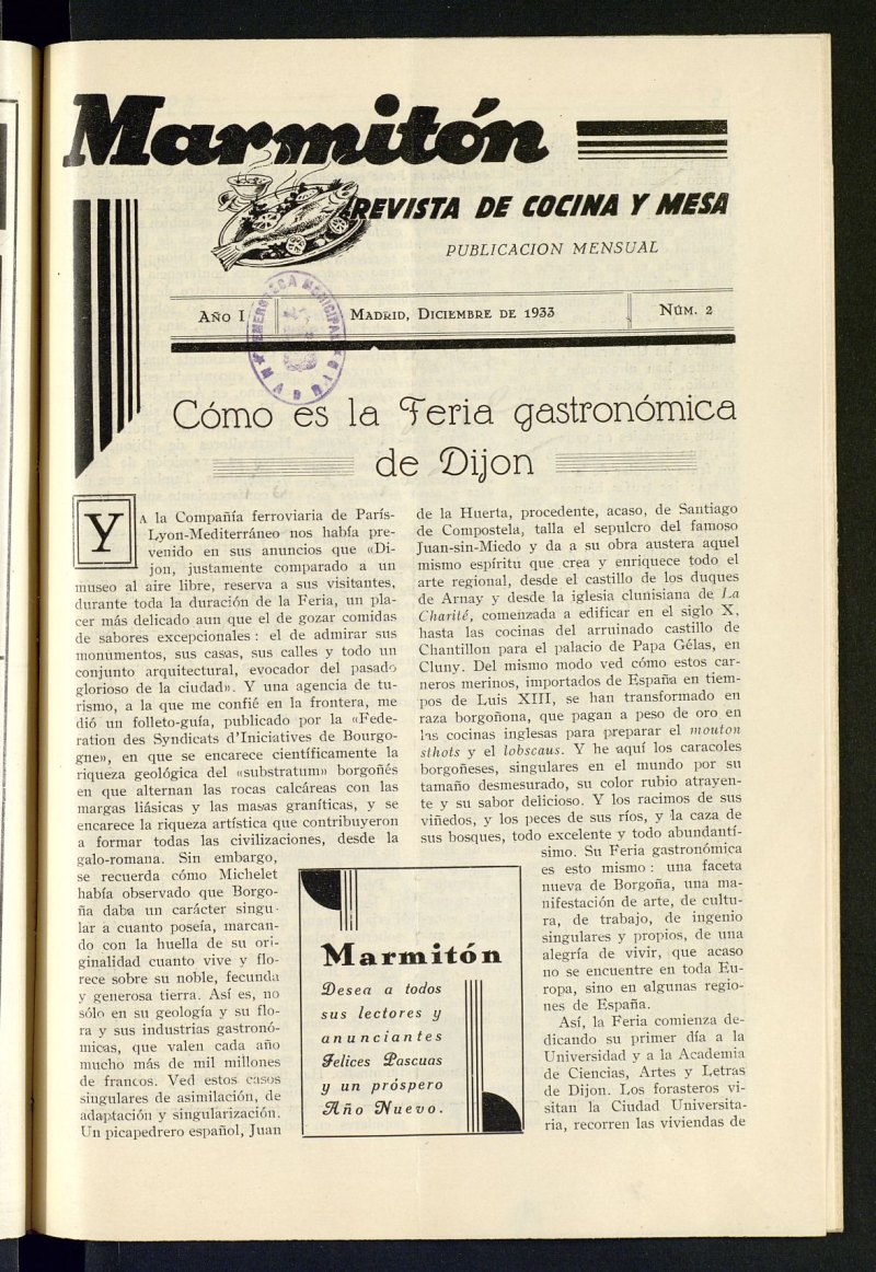 Marmitón: revista de cocina y mesa, de diciembre de 1933, nº 2