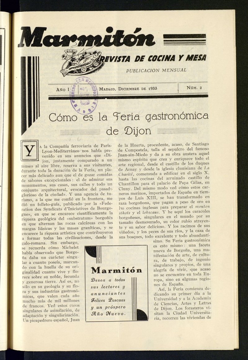 Marmitn: revista de cocina y mesa, de diciembre de 1933, n 2