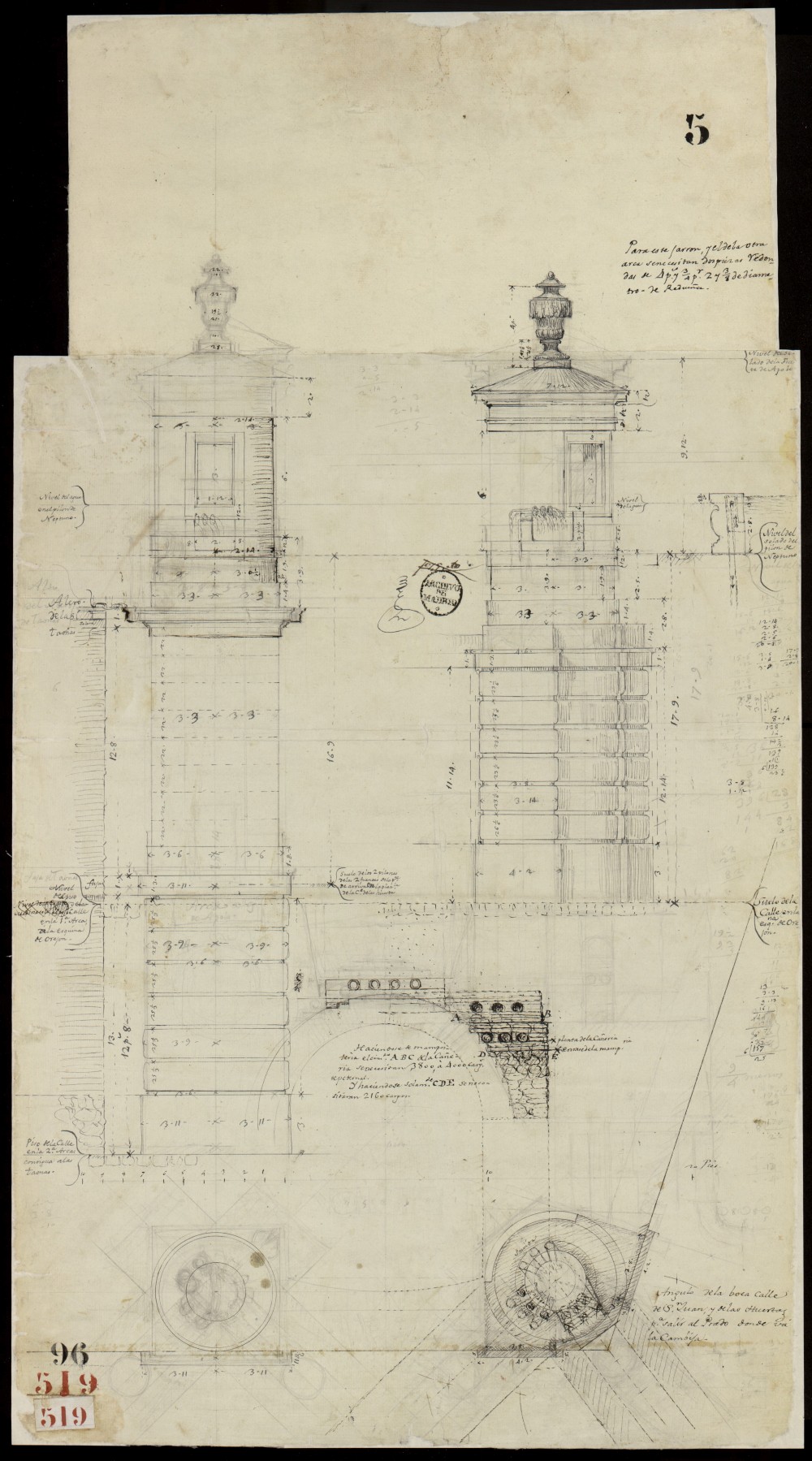 Planta y alzado de las dos arcas cambijas de la calle de San Juan esquina al Paseo de Trajineros, y seccin de la alcantarilla del Prado